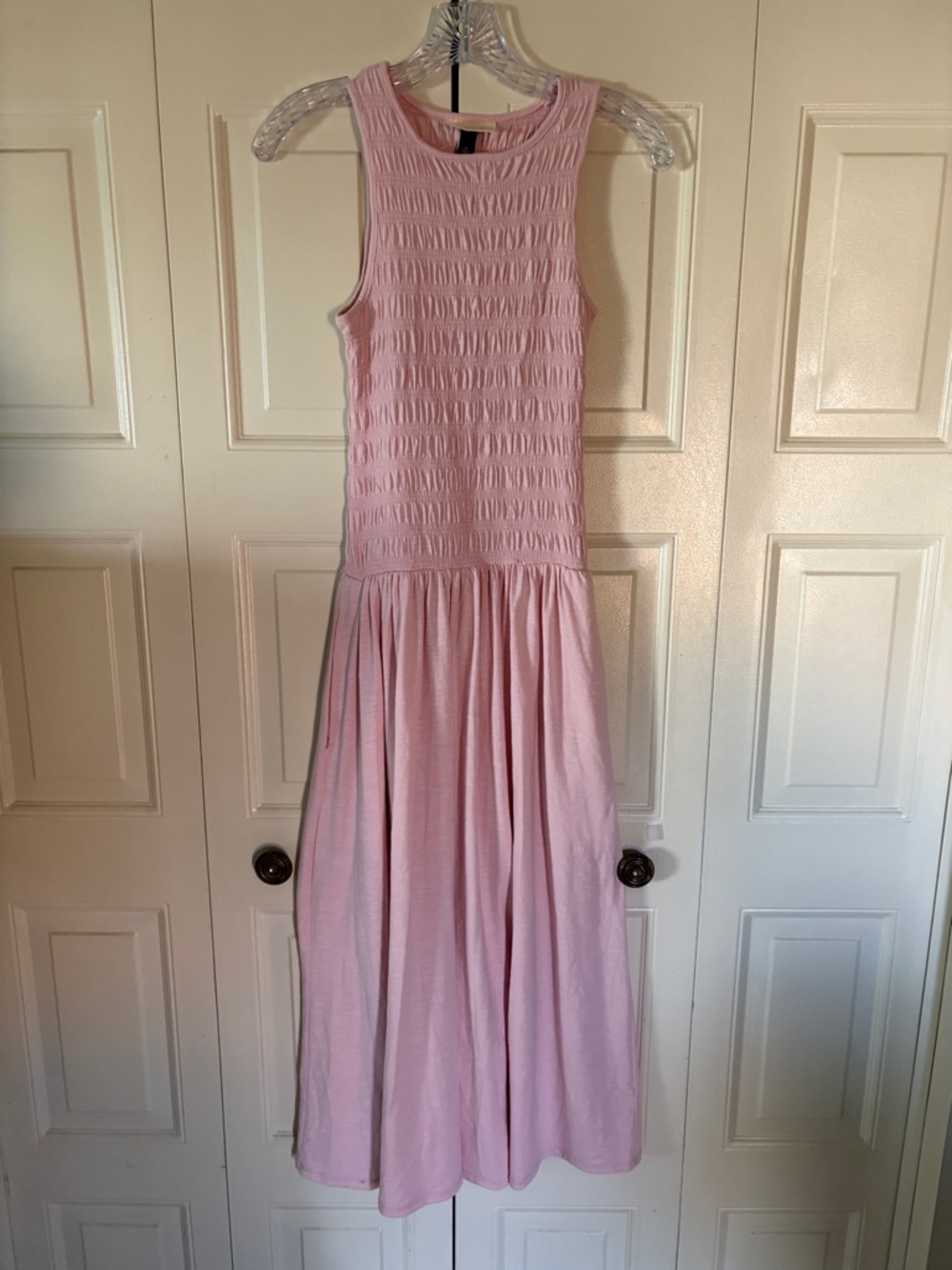 Romantic Prairie Pale Pink Boho Chic Flowing Retro Smocked Dress Stretch SizeXS